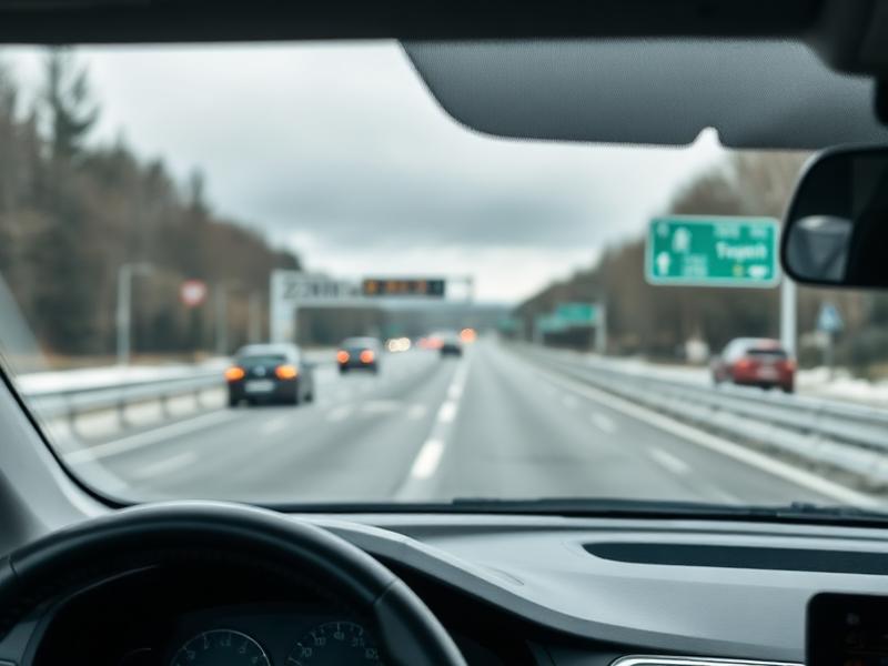 Pohled z auta na českou dálnici s elektronickým mýtným